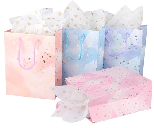 lahnao Geschenktüten, 4 Stück Papiertüten mit Henkel, Geschenktüten Geburtstag mit 4 Stück Sternchen Seidenpapier, Kraftpapier Geschenktaschen für Geburtstag, Hochzeit, Party