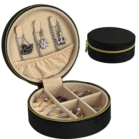 HomeGadget Astuccio da viaggio per gioielli - [ Ideale per le Donne ] - Astuccio per gioielli rotondo in velluto con zip - Organizzatore di gioielli - Nero
