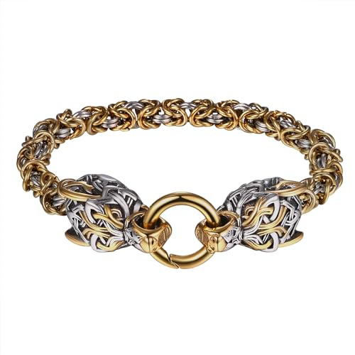 OIDEA Stainless Steel Viking Bracelet for Men: Silver Gold Tone Punk Wolf Bracelet Gothic Byzantine King Chain Wolf Head Link Chain Bracelets Viking Jewelry Gift
