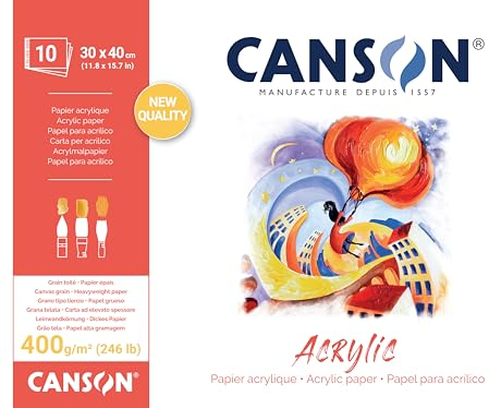 CANSON Acrylic, Acrylpapier, Leinwandkörnung, 400 g/m², an der kurzen Seite geleimter Block, 30 x 40 cm, naturweiß, 10 Blätter