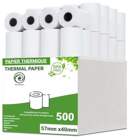 Rollgenio rouleau de papier thermique premium de 57 x 40 mm pour reçu de caisse pour machine à cartes de crédit POS, PDQ,EPOS [Paquet de 100 200 300 400 500] (500)
