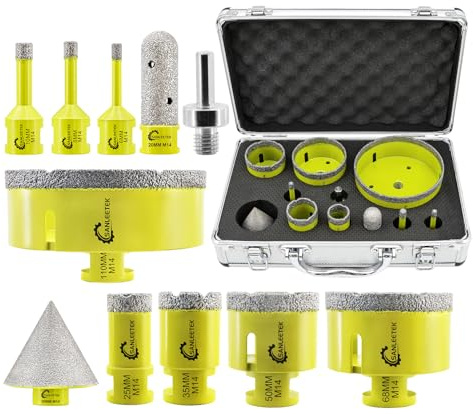 SANLEETEK Juego de Brocas Diamante - 11piezas (6/6/8/25/35/50/68/110mm+20mm Fresa Diamante+50mm Broca Chaflán+Adaptador) Sierra Perforadora Cerámica Porcelánico Mármol Granito M14 Rosca
