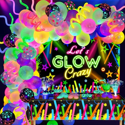 161pcs Décoration de Fête Néon Lueur Deco Fluo Fournitures Neon Glow Party Sculpture Ballon Fluorescent Nappe de Table Let’s Glow Toile de Fond Disco Decoration Anniversaire pour Fille Garcon Adulte