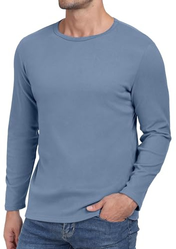 Hisir långärmad tröja herr rund hals t-shirt basic T vinter termo undertröja långärmad smal passform stretch topp varma toppar, blå, XL