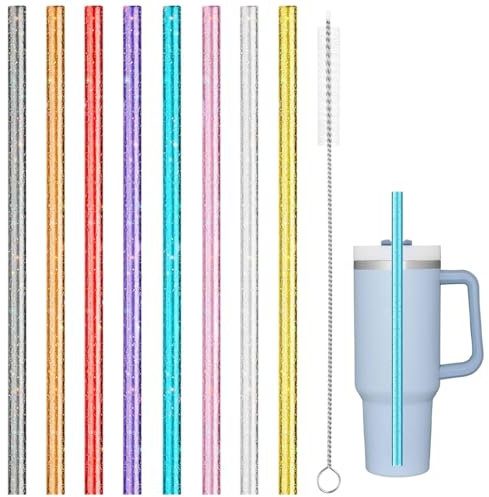 EIHI 8 Stück Wiederverwendbare Glitzernde Lange Strohhalme 30 cm - Dicke Kunststoff Bunte Transparente Strohhalme mit Reinigungsbürste (Mulitifarbig)
