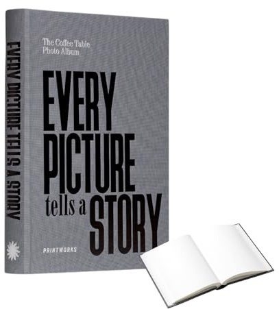 Printworks Photo Book – Every Picture Tells a Story – Expandable Hardcover Album with 80 Pages – Fits 160 Horizontal 11x15 cm Photos – Stylish Bookshelf – Dark Grey Cloth Cover