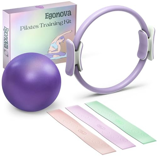 EgoNova Pilates Ring Set: 35cm Magic Circle mit doppelten gepolsterten Griffen, Pilates Mini Ball und Resistance Bands (15, 25, 35 lbs) für Stärke, Flexibilität, Stabilität und Körperstraffung