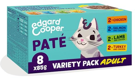 Edgard Cooper Wet Cat Food Pate, Multipack, (Chicken/Salmon/Turkey/Lamb, 8 x 85g), for nuetered or active cats,with natural ingredients