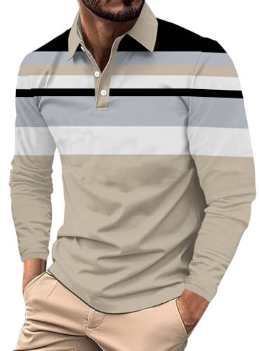Polo de manga larga a rayas para hombre, camisa con botones, cuello y solapa, camisetas de golf, camisetas de bloque de color, blusa casual, Polo de manga larga caqui para hombre, M