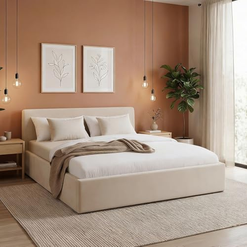 IDIMEX Polsterbett Dream gepolstert, 180x200 cm Cremeweiß – Komfortables Doppelbett mit Kopfteil und Lattenrost aus Samt Stoff, Bezug aus 100% Polyester, modernes Design für das Schlafzimmer