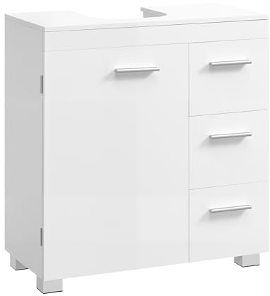 VASAGLE Meuble sous Lavabo, Meuble de Salle de Bain, 3 Tiroirs Latéraux, 2 Compartiments Derrière la Porte, avec Pieds, 30 x 60 x 64 cm, Blanc Nuage BBK514WB01