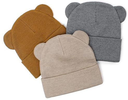 LACOFIA Cappello Maglia Neonato con Orecchie Orso Set di Berretto Invernale Morbido e Caldo per Bambino Grigio+Marrone+Kaki 6-36 Mesi
