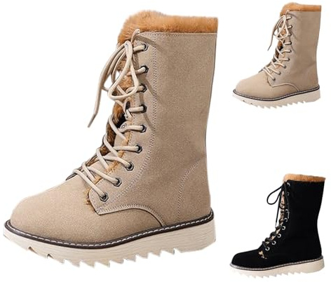 Bottes d'hiver pour femme - Doublées - Bottes de neige plates à lacets - Antidérapantes - Bottes mi-hautes à lacets - Bout rond - Bottes courtes - Chaussures d'extérieur, kaki, 38 EU