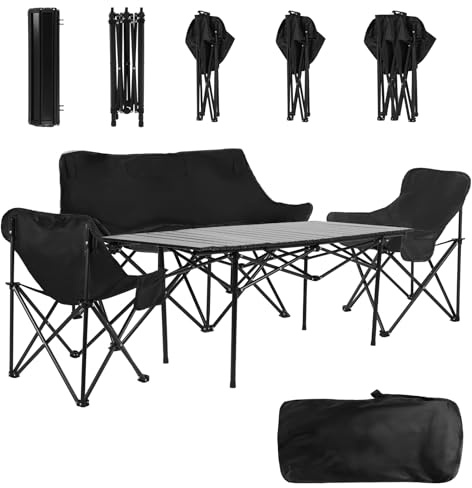 Canapé Camping 2 Places, Table 120cm, 2 Fauteuils, Acier Carbone,Sac Inclus