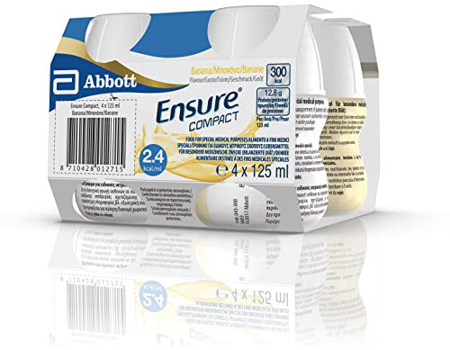 Ensure Compact Alimento a Fini Medici Speciali ad Alta Densità Calorica Formato Bevanda, Supplemento Nutrizionale Completo e Compatto, Confezione 4x125ml, Gusto Banana