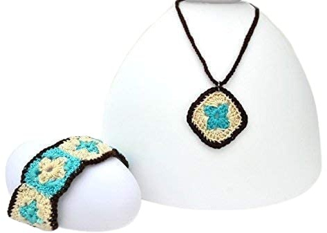 Ensemble collier et bracelet, parure bleu turquoise, fait main au crochet, style bohème, hippie chic