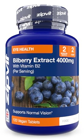 Zipvit Bilberry Extract 4000mg with Vitamin B2, Eye Vitamins with Anthocyanidins, Vaccinium Uliginosum, Supports Healthy Vision, 120 Vegan Tablets, 2 Months Supply