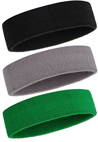 ONUPGO Bandeau Anti-Transpiration pour Hommes et Femmes - Ensemble de 3 Bandes de Sport en Coton Éponge Absorbant la Transpiration (Noir/Gris/Vert)