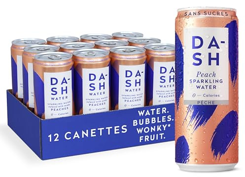 DASH WATER Peach - 12 x acqua frizzante al gusto pesca - SENZA zucchero, SENZA dolcificanti, SENZA calorie - arricchita con frutta fantasia (12 lattine da 330 ml).