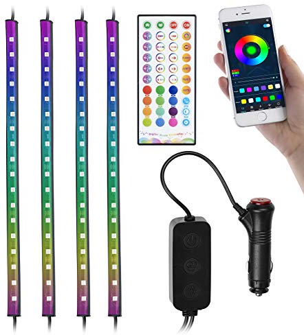Lescars Auto LED: 4er-Set Kfz-LED-RGB-Streifen mit Fernbedienung, Bluetooth, App (Auto Innenbeleuchtung, Auto LED Streifen, 12V Innenraumbeleuchtung)