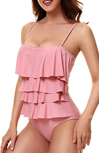 Bañadores Mujer con Volantes Traje de baño de Una Pieza Push Up Bikini Deportivo en Capas Control del Vientre Rosa M