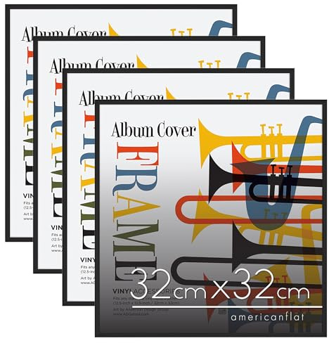 Americanflat Marco para Álbum de Vinilo 32x32 cm para Decoración - Marco de Aluminio Negro con Cubierta de Plástico Resistente y Montaje en Pared - Juego de 4 Unidades