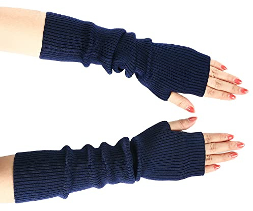 Geyoga Long Fingerless Gloves Arm Warmers Elbow Length Winter Stretchy Knit Gloves Thumb Hole Women Long Wrist Warmer Women Friends Gifts for Winter(Navy Blue,1 Pair)