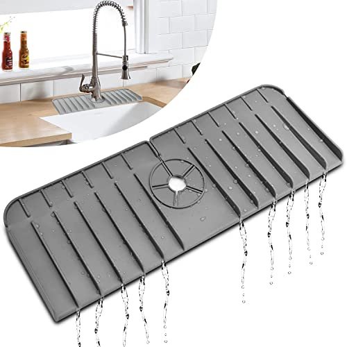 HeaHap Silicone Faucet Mat,Silicone Faucet Handle Drip Catcher Tray,Drip Protector Splash for Kitchen, Bathroom,Sink Mat, Dish Drying Mat, Sponge Holder(Grey)