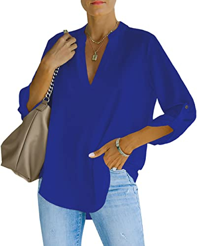 NONSAR Camicetta da donna Henley, elegante, con scollo a V, maniche arrotolabili, in stile casual, blu reale, XL