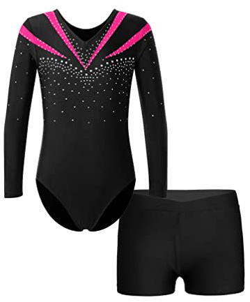 TiaoBug Ensemble Enfant Fille Justaucorps Gymnastique 2PCS Léotard Ballet Danse Classique Ensemble Gym Tenue Patinage Artistique Danse Spectacle Rose Vif 13-14 ans