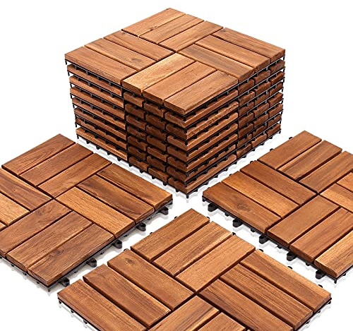Randaco träplattor balkong, 30 x 30 cm, 33-pack kakelsätt, 3m², Lämplig som terrassplattor och balkongplattor, av akaciatre för trädgård, terrass, balkong, med dräneringssystem