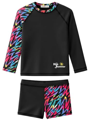 weVSwe Flicka baddräkt UPF 50+ skydd långärmad tvådelad rosett badmode rash guard volanger sällsynta sömmanschetter, svart rosa, 7-8 år