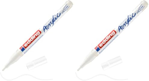 Edding 5300 marcador acrílico de trazo fino - blanco - 1 rotulador acrílico resistente al agua - punta redonda 1-2 mm - pintura acrílica para lienzo, papel kraft, madera y piedra (Paquete de 2)