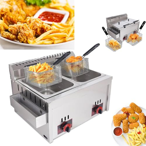 Friggitrice a Gas, Friggitrice Multifunzione a GPL Friggitrici olio in Acciaio Inox Potenza di Fuoco Regolabile da 20 L,Include Cestini e Coperchi per uso Domestico e Commerciale