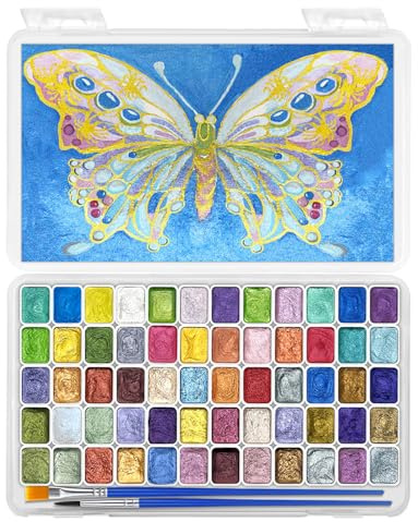 CraftyManor Mini Aquarell Set Unterwegs, Perlglanz Wasserfarben, 60 Farben Schimmernde Metallic Aquarellfarben, Glitzer Wasserfarbkasten Tuschkasten, Festkörper Watercolor Paint, Fantasy Forest-Stil