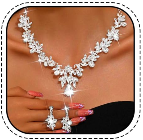 Unicra Rhinestone Bridal Wedding Jewelry Sets Silver Necklace Earrings Set Leaf Prom Formal Costume Jewelry Set for Women and Brides (Silver)