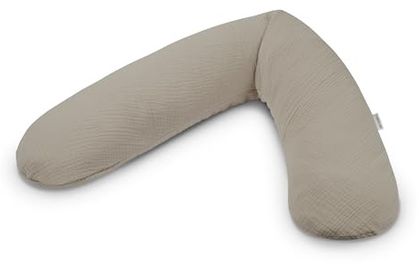 Theraline Das Original Schwangerschaftskissen & Stillkissen 190cm – Seitenschläferkissen Stillkissen Perlen – inkl Stillkissenbezug Taupe Musselin