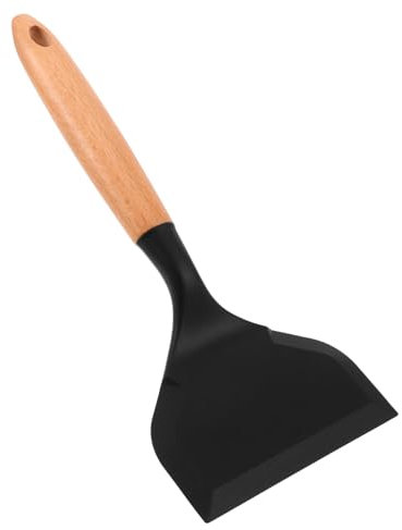 ELAYARD Silicone Turner Wide Edge Spatula Wooden Handle Non-Stick Pan Cooking Utensil for Steak Fish Baking Kitchen Use, Heat Resistant Black