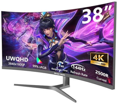 Great voell Gaming-Monitor 38 Zoll 144HZ Gekrümmter Gaming-Monitor, UWQHD 3840x1600, 2500R, 1ms, 99% sRGB, FreeSync, HDR, Anti-Blaulicht, VESA-Halterung, HDMI, DP, Multifunktionaler Stand