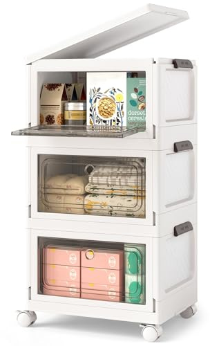 COSTWAY Set da 3 Contenitori Impilabili, Scatole Pieghevoli da 75/105 L con Ruote Bloccabili Porta e Coperchio, Organizzatori per Armadio, Multiuso per Casa Dormitorio (41 x 31,5 x 72,5 cm)