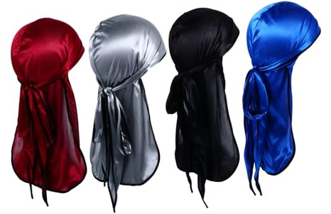 Veemoon 4pièces Casquettes Durag Soyeux avec Longue Queue pour Hommes et Femmes Headwrap