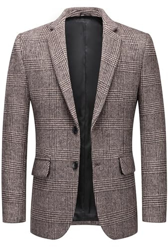ECDAHICC Giacca da uomo misto lana plaid blazer slim fit 2 bottoni lapel tuta giacca sportiva con tasche, caffè, L
