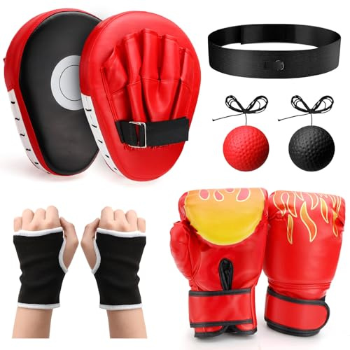AFAIK 4-in-1 Boxhandschuhe und Pratzen Set Boxen Training Set für Kinder und Jugendliche Boxausrüstung mit Boxhandschuhe Gebogene Handpratzen Reflexball und Handbandagen für Boxtraining MMA, Muay Thai