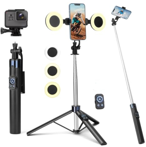 180 cm Selfie Stick Tripod con 2 luces de llenado, soporte de metal para teléfono móvil con mando a distancia, trípode para teléfono móvil, compatible con iPhone y Android Smartphones