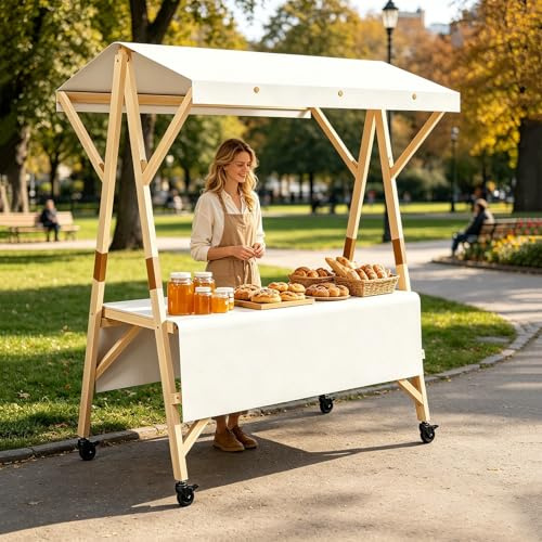 HARELA Genérico Puesto de Mercado con Toldo y Ruedas, Carrito de Comida callejera de Madera, Carro de Venta Ambulante para Perritos Calientes/Salchichas/Pan(White,150cm/59in)