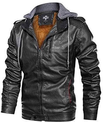 HOOD CREW Men’s Black Stand Collar Warm PU Faux Leather Zip-Up Motorcycle Jacket With a Removable Hood