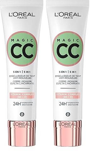 L'Oréal Paris Magic CC Cream 24H Anti-Redness Moisturizing Green Cream 5in1 Universal Shade Long-Lasting Velvety Skin Effect - 2 Bottles of 30ml