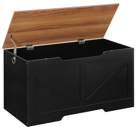 HOOBRO Storage Bench, 39.4 Retro Wooden Storage Chest with U-Shaped Cut-Out Pull, Safety Hinge, Supports 220 lb and Easy Assembly for Toy Box Organizer (Black and Walnut) BH771CW01