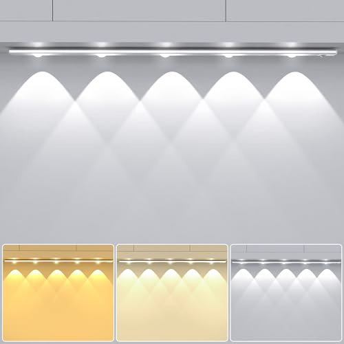 OUILA LED Armario con Sensor de Movimiento, 55CM Luces LED Cocina Bajo Mueble Sin Enchufe 2200mAh Lampara Bateria Recargable 3 Temperatura Color 3000K/4000K/6000K para Armario Cocina Entrada Decor