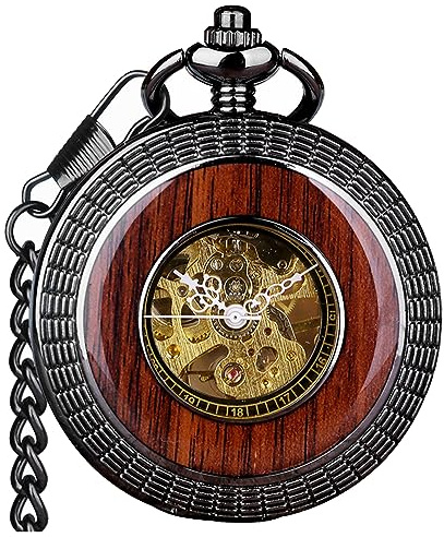 VIGOROSO Men's Hand-Wind Mechanical Pocket Watch Vintage Steampunk Wood Grain Hollow Design with Chain and Box